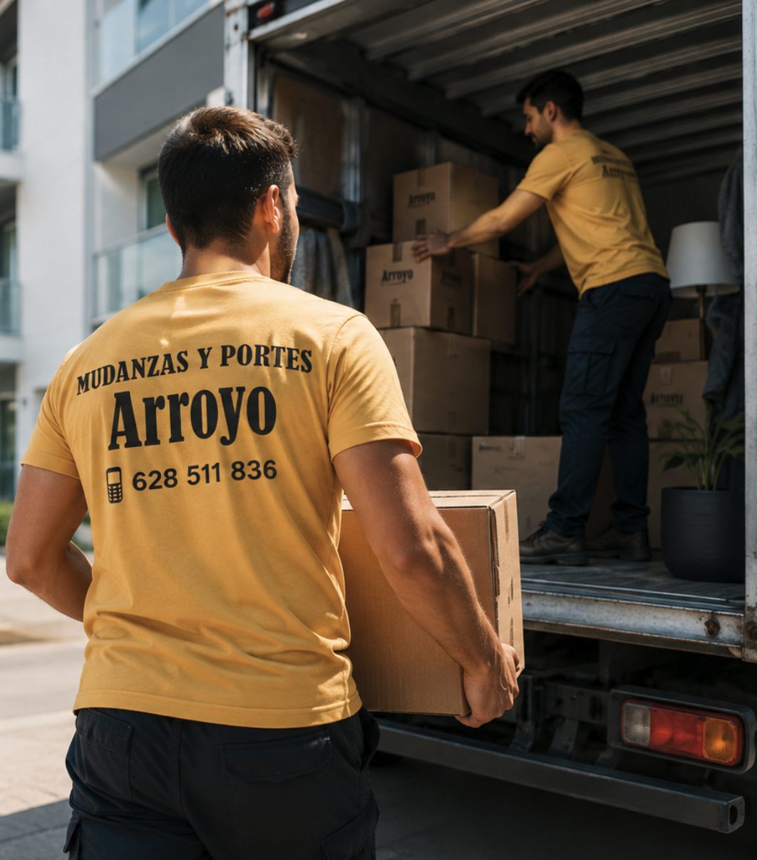 Equipo de Mudanzas Arroyo cargando cajas en el camión